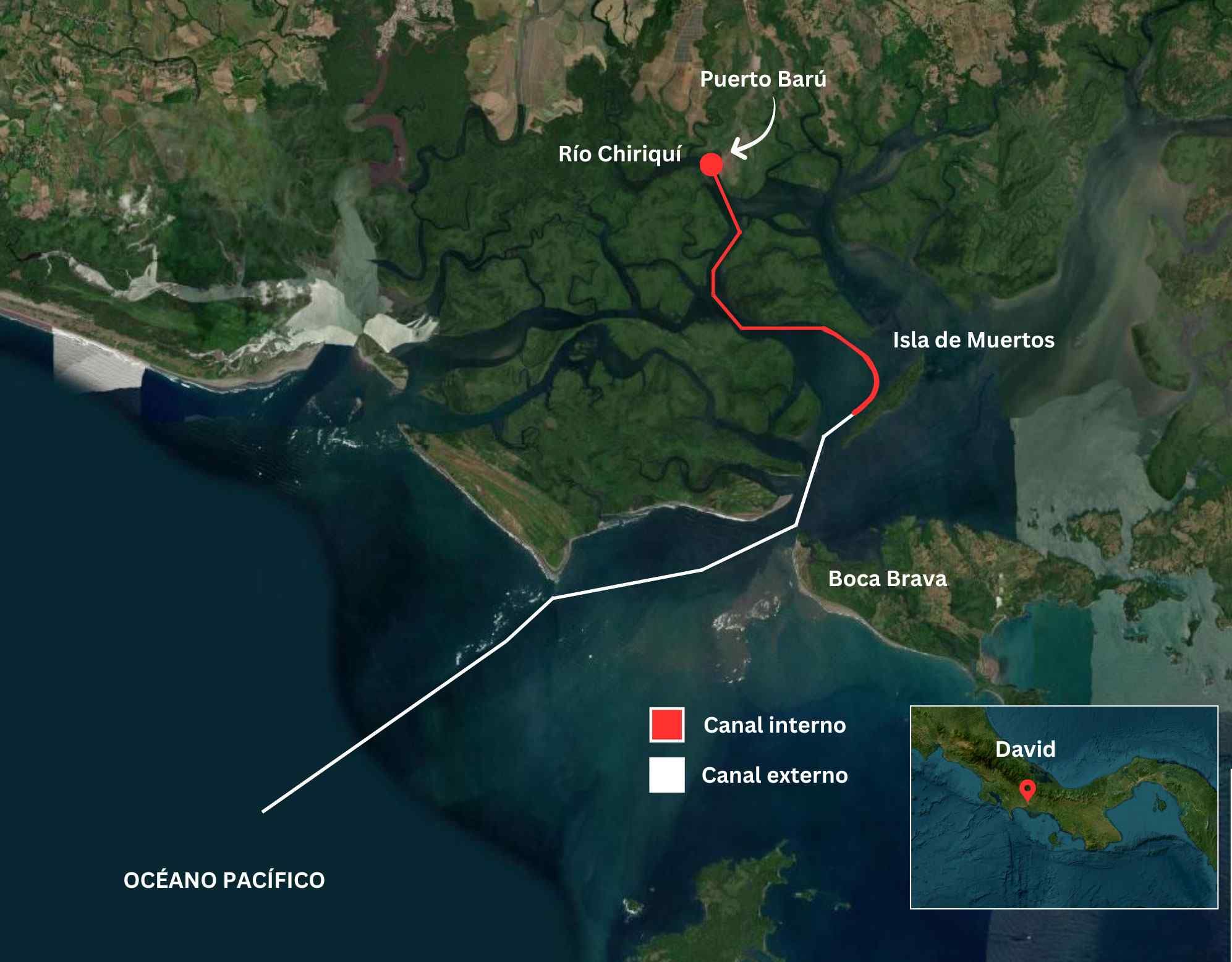Map showing the navigation channel that will be needed for ships to enter and leave Puerto Baru. The channel cuts across the David Mangroves.