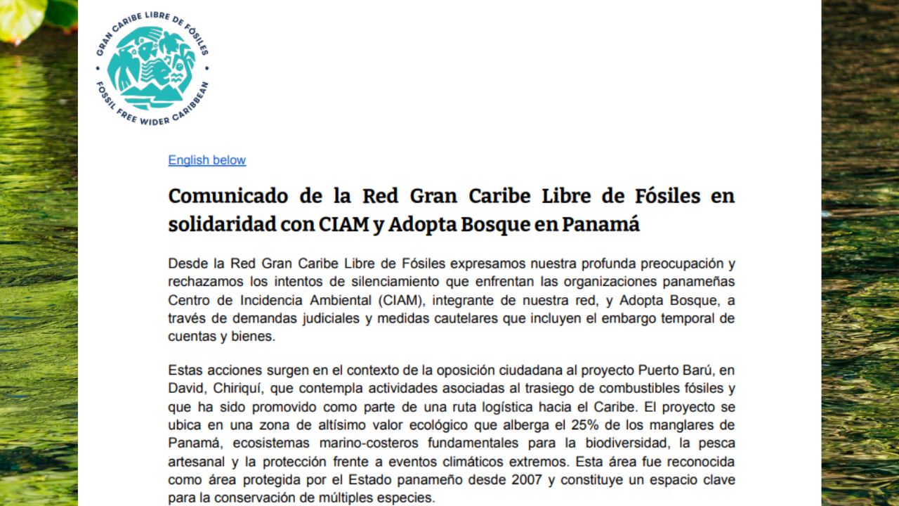 Comunicado de la Red Gran Caribe Libre de Fósiles en solidaridad con CIAM y Adopta Bosque en Panamá image