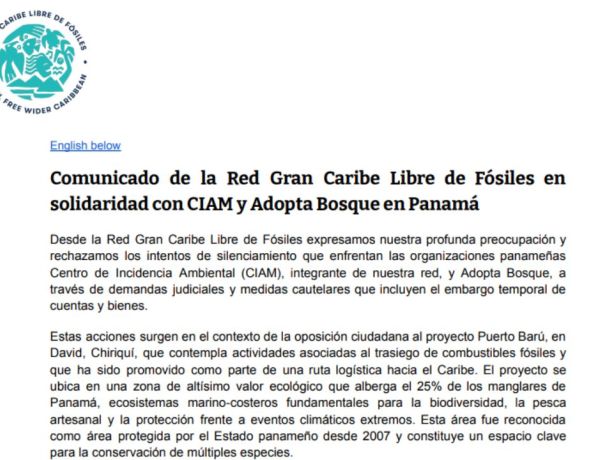Comunicado de la Red Gran Caribe Libre de Fósiles en solidaridad con CIAM y Adopta Bosque en Panamá image